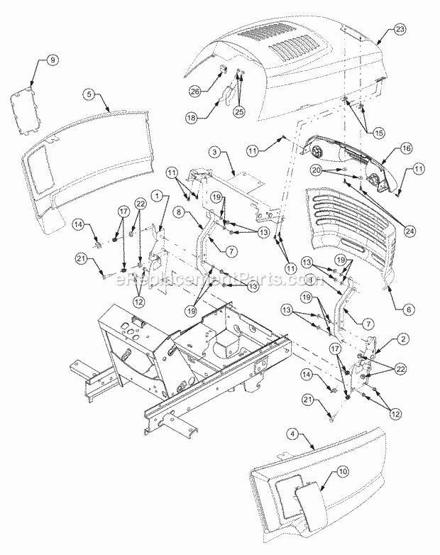 Grille, Hood And Side Panels Diagram and Parts List for GT2523-54 13A-2A8K710 Cub Cadet Lawn Tractor